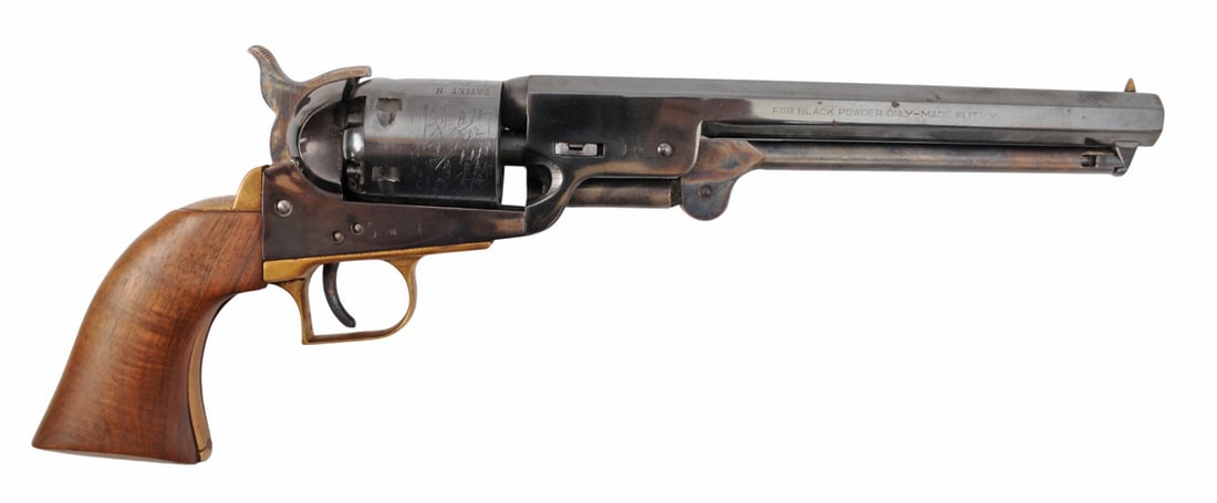 Italian Uberti Model 1851 Navy 36 Cal. Single Action Black Powder Revolver No FFL (A1): An Italian Uberti Model 1851 Navy 36 Cal. Single Action Black Powder Revolver in very good condition with a bright and defined bore. The action appears to function properly with minor wear to the orig