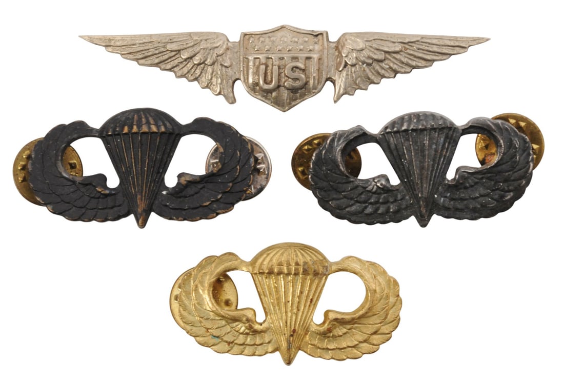 US WWI Sterling Silver Aviator Wings Device and US Army WWII Paratrooper Jump Wings Lot of 3 (APL) (1 of 2)