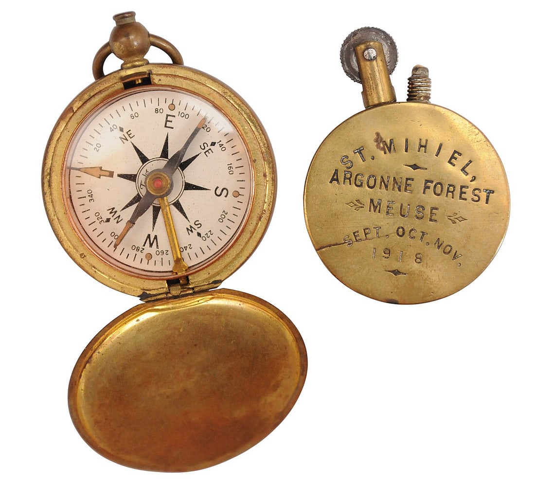 Rare WWI US Army Corps of Engineers Compass & a brass St Mihiel/Argonne Forest Trench Lighter (E2N) (1 of 3)