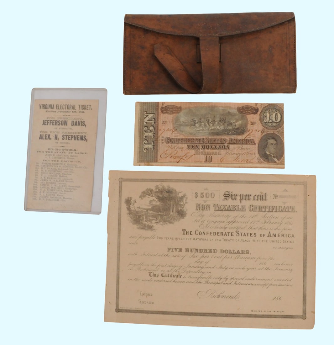 Confederate Lot of 4, $500 Bond, $10 Note, Jefferson Davis Electoral Ticket & Document Case (HKR) (1 of 10)