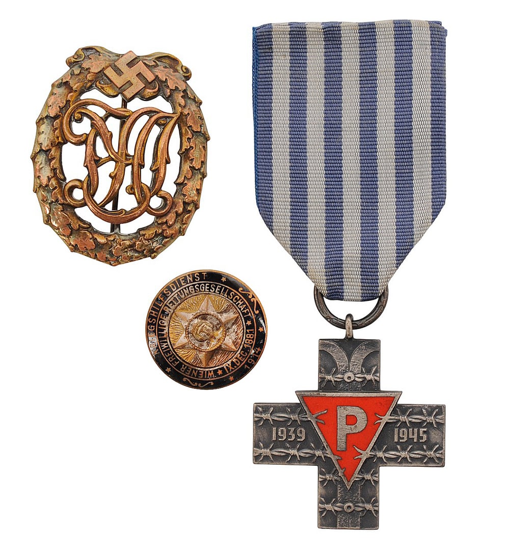 *German & Austrian Awards and Insignia Group Lot of 3(C3T): A *German & Austrian Awards and Insignia Group Lot of 3 in good to very good condition. Lot includes Sports Badge, Bronze grade (Third Reich), Die-struck bronze example with wreathed D.R.L. monogram a