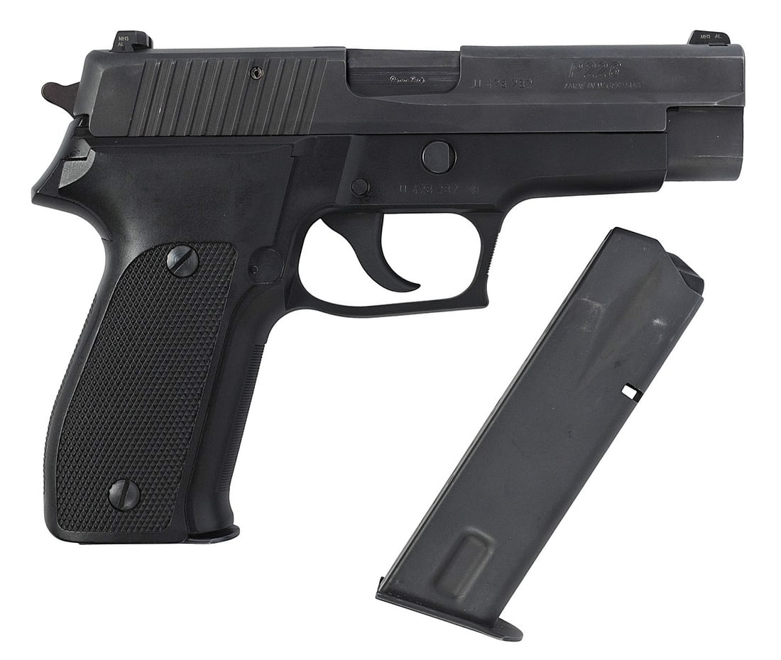 Sig Sauer P226 9mm Semi Auto Pistol FFL U428282 (EDN1): A Sig Sauer P226 9mm Semi Auto Pistol in good to very good condition with a bright and defined bore. The action appears to function properly with moderate wear to the original finish. The pistol comes