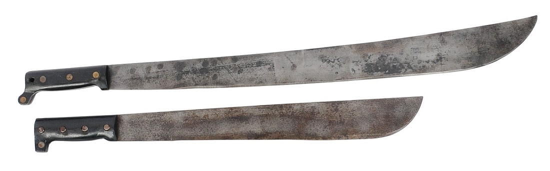 US Military WWII era Machetes Lot of 2(HKR): Lot of two US Military WWII era Machetes in good to very good condition but no sheaths. Overall measurements are 24" and 31".