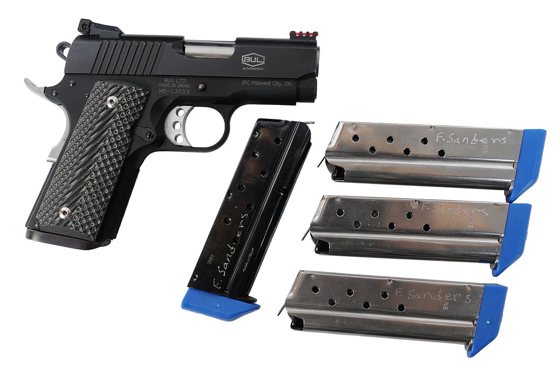 Bul Armory 1911 Ultra 9mm Semi Auto Pistol FFL MF-13553(FIS1): A Bul Armory 1911 Ultra 9mm Semi Auto Pistol in good to very good condition with a bright and defined bore. The action appears to function properly with minor wear to the original finish. The pistol