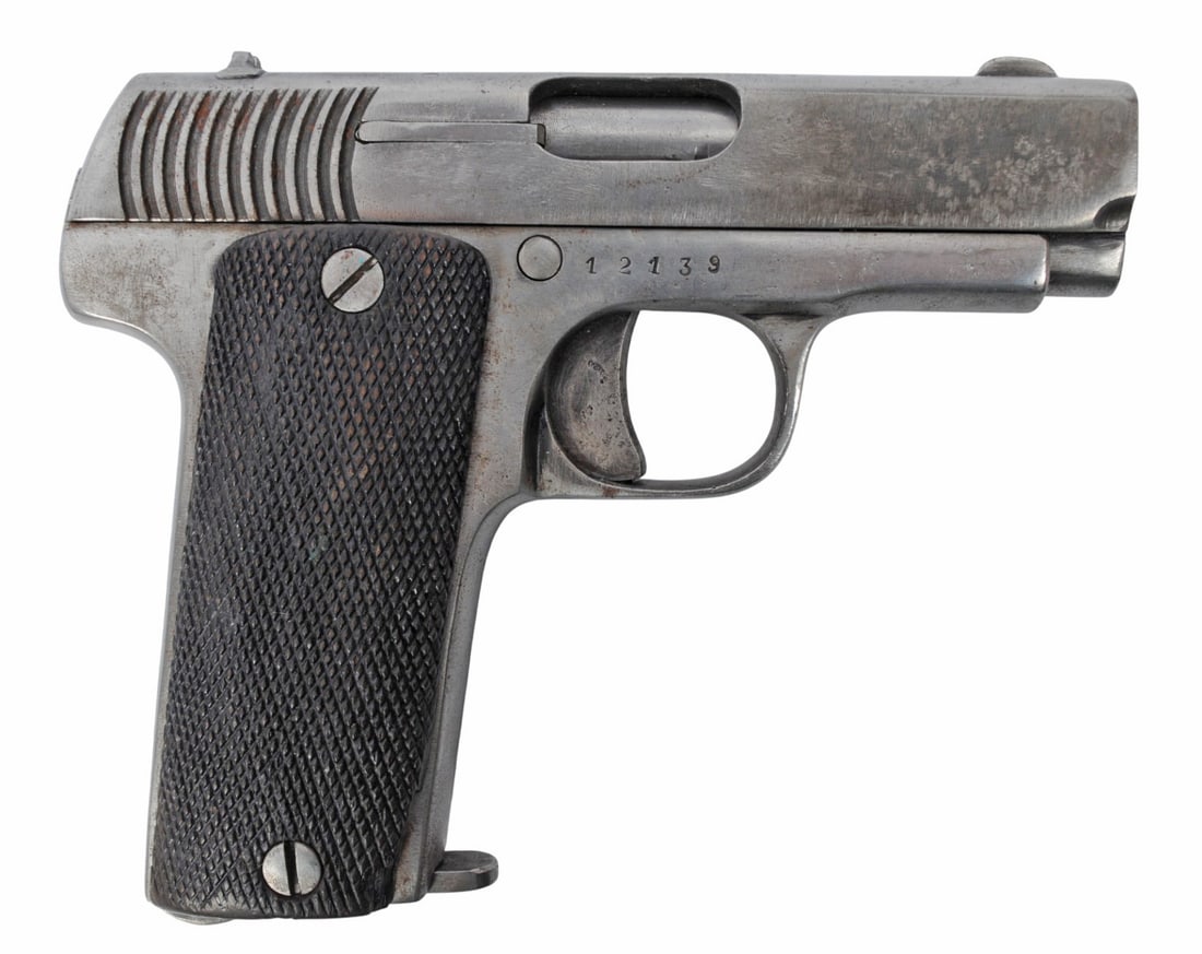 Spanish Eibar Model 1914 'Ruby' .32 ACP Semi-auto Pistol FFL Required: 12139 (B3W1): A Spanish Eibar Model 1914 'Ruby' .32 ACP Semi-auto Pistol that is in good condition with a bright and defined bore. The action appears to function properly, and the finish shows mild service wear