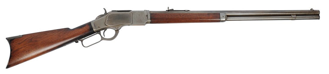 Antique Winchester Model 1873 .22LR Lever-action Rifle No FFL Required: 161498 (HLG1): An 1885 manufactured Antique Winchester Model 1873 .22LR Lever-action Rifle that is in good to very good condition with a bright and defined bore. The action is unable to function at all due to the en
