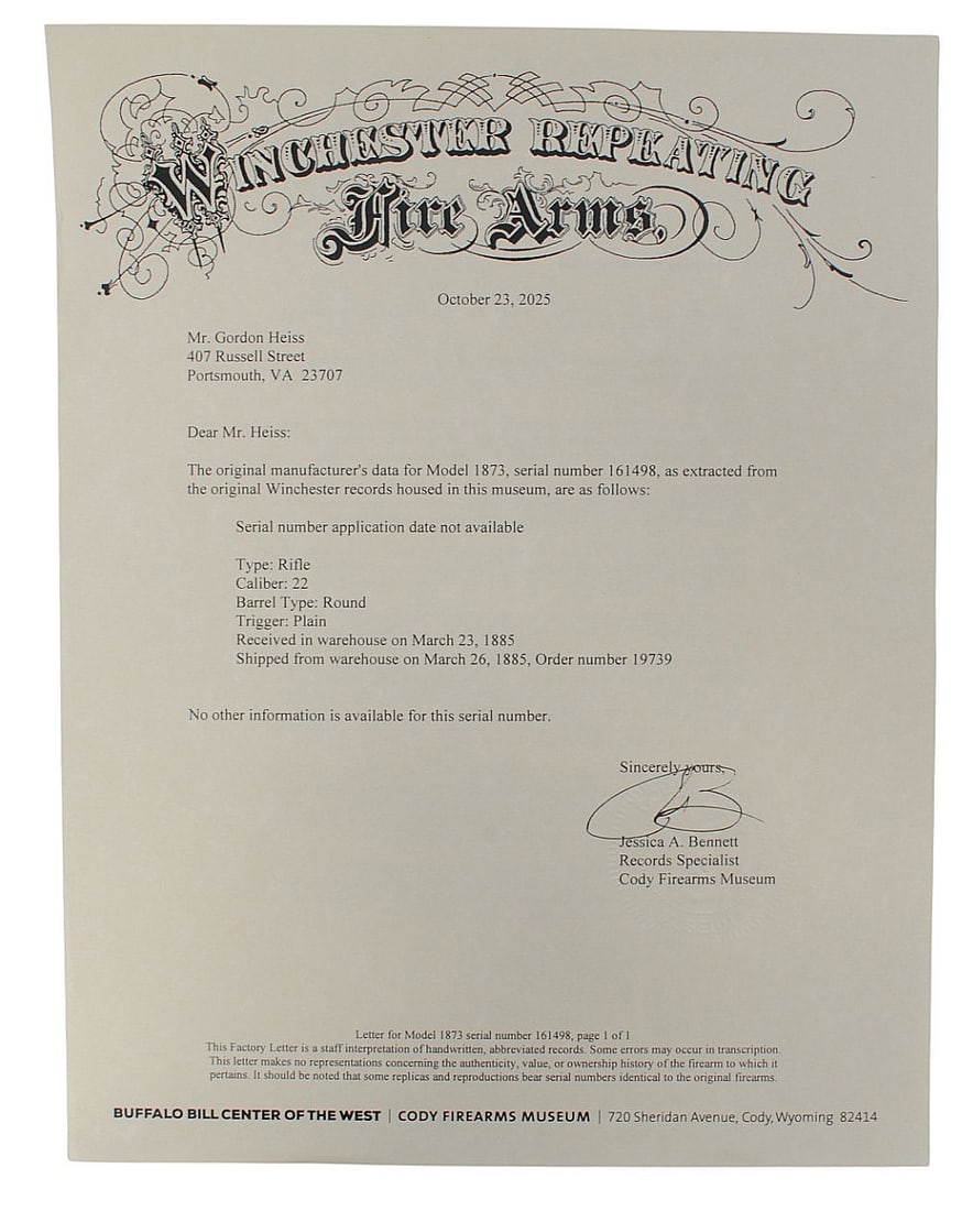 Antique Winchester Model 1873 .22LR Lever-action Rifle No FFL Required: 161498 (HLG1) - 2