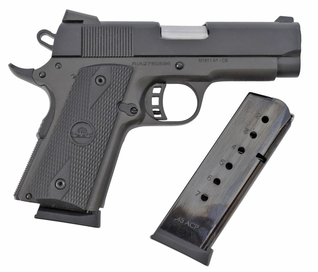 Rock Island Armory M1911A1-CS .45 ACP Semi-auto Pistol FFL Required: RIA2780596 (HCH1): A Rock Island Armory M1911A1-CS .45 ACP Semi-auto Pistol that is in very good condition with a bright and defined bore. The action appears to function properly, and the finish shows very minor usage.