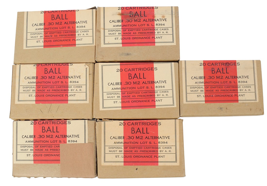 US Military WWII M2 Ball 30-06 20 Rd. Box Lot of 140 Rds.(Q2K): A US Military WWII M2 Ball 30-06 20 Rd. Box Lot of 140 rds. in good condition with minor wear to the original boxes and labels but have nice markings.