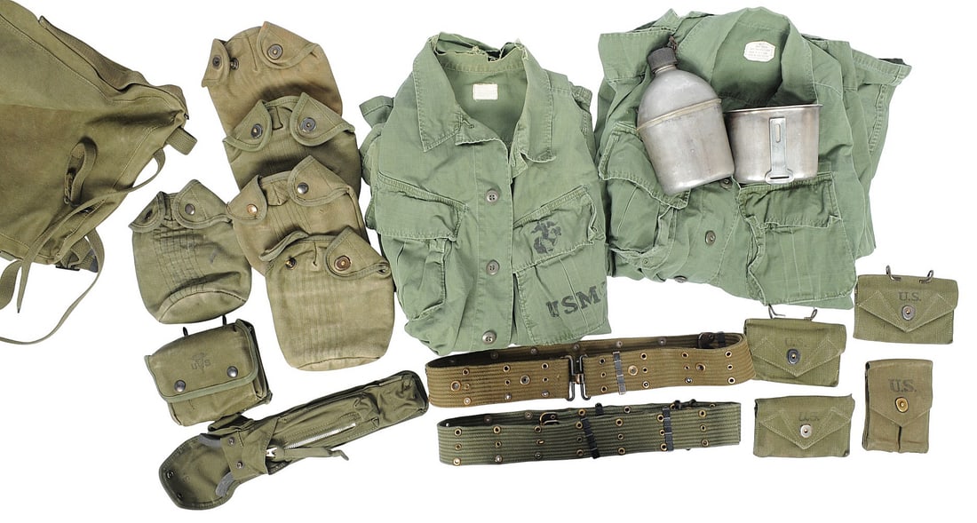 USGI US Military Surplus WWII-Vietnam Era Field Gear Group Lot of 18(W2J): A USGI US Military Surplus WWII-Vietnam Era Field Gear Group Lot of 18 in good condition with minor fraying and nice markings. The lot includes (2) WWII USMC fatigues, (5) WWII canteen covers, (1) WWI