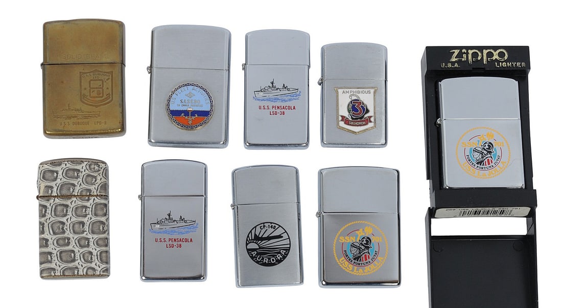 US Military Zippo Lighters Lot of 9 (Q2K): Nine nice vintage US Military Zippo Lighters in good to very good condition. 