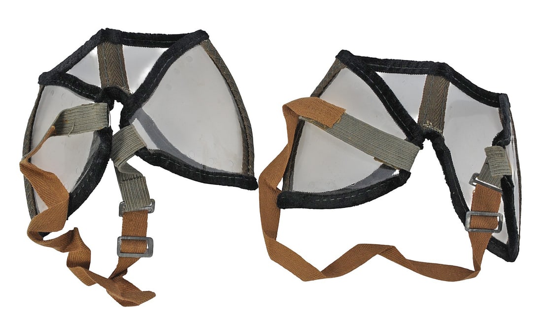 *German Military WWII era Clear Eye Dust Shields Lot of 2 (D4E): *German Military WWII clear Eye shields Lot of 2 for dust protection with film lenses in four sections trimmed with velvet-type fabric to prevent face irritation. Complete with adjustable head strap.