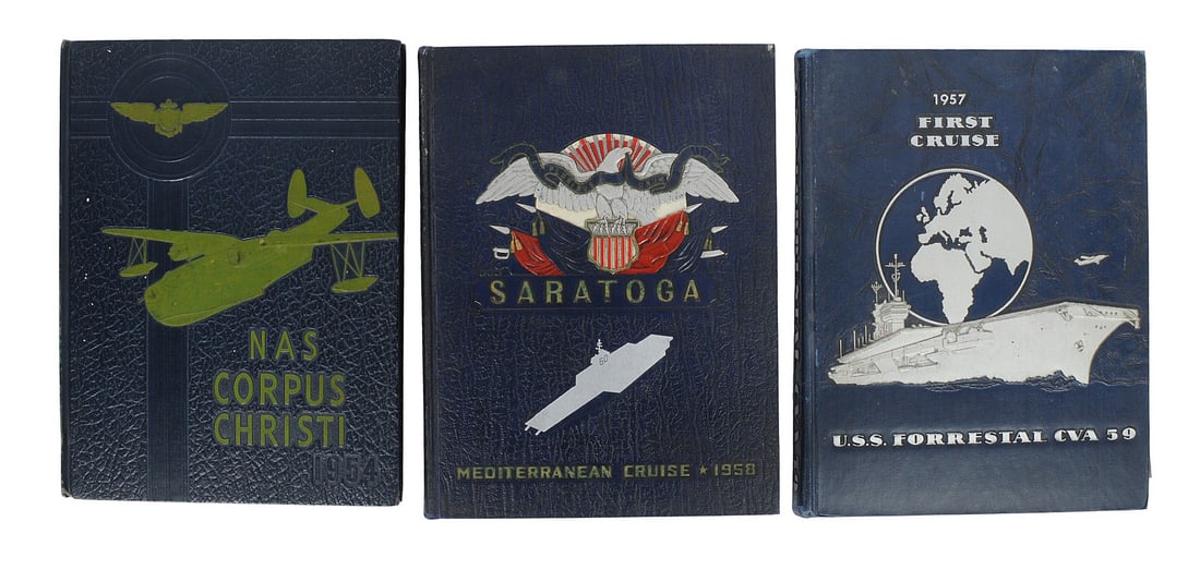 Vintage US Navy 1950's Cruise Book Lot of 3(B3V): A Vintage US Navy 1950's Cruise Book Lot of 3 in good to very good condition. This lot includes NAS Corpus Christi 1954, Saratoga Mediterranean Cruise 1958, and USS Forestal CVA 59 First Cruise 1959. 