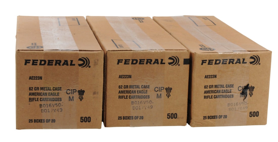 Federal 5.56x45mm 62Gr Box Lot of 1500 Rds. (A2J): A Federal 5.56x45mm 62Gr Box Lot of 1500 Rds. in good to very good condition.