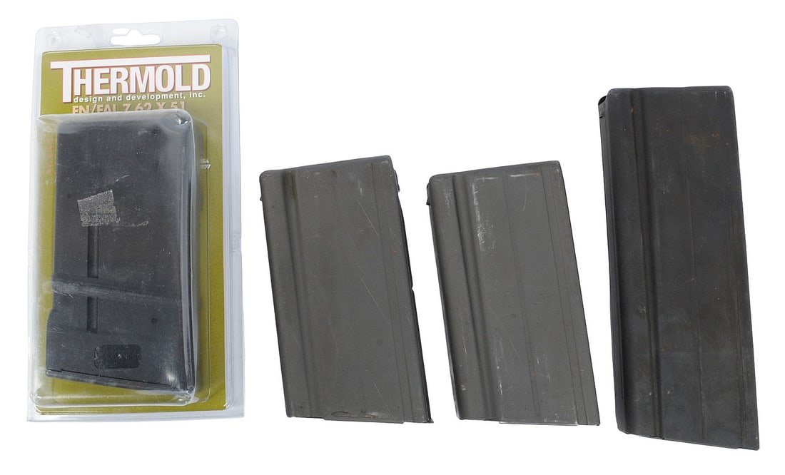 Surplus and Commercial 7.62x51mm 20rd. and 30rd. FAL Magazine Lot of 4 (JGD): A Surplus and Commercial 7.62x51mm 20rd. and 30rd. FAL Magazine Lot of 4 in good condition. The lot includes (3) 20rd. mags, and (1) 30rd. mag.