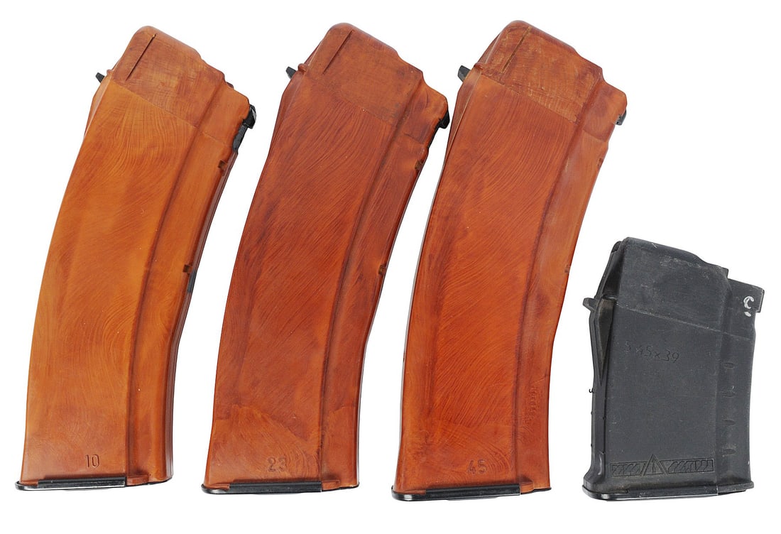 East German / Russian Izmash Surplus Bakelite / Polymer AK74 5.45x39mm Mag Lot of 4 (JGD): An East German / Russian Izmash Surplus Bakelite / Polymer AK74 5.45x39mm 30rd./ 10rd. Magazine Lot of 4 in good to very good condition. The lot includes (3) East German 30rd Bakelite magazines and (1