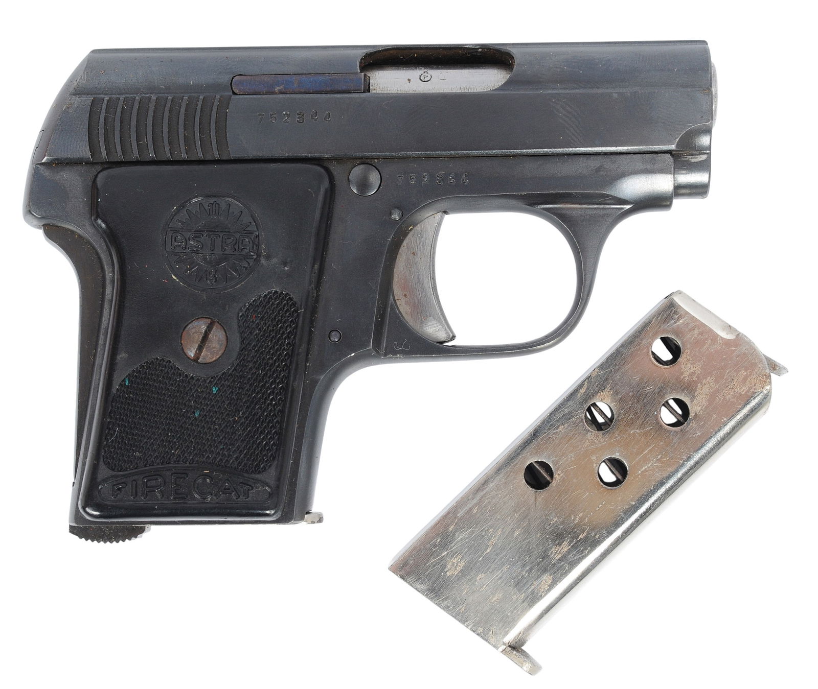 Astra Firecat .25ACP Semi-auto Pistol FFL Required: 752344(KCD1): An Astra Firecat .25ACP Semi-auto Pistol that is in good condition with a bright and defined bore that needs a light cleaning. The action appears to function properly, and the finish shows signs of