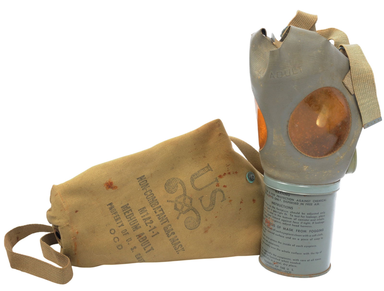 USGI WWII M1A2 1-1 Non-Combatant Gas Mask with Case (PRW): A USGI WWII M1A2 1-1 Non-Combatant Gas Mask with Case in good to very good condition with minor wear but the rubber and eye pieces are brittle from age. The M1A2-1-1 Non-Combatant Gas Mask was a World