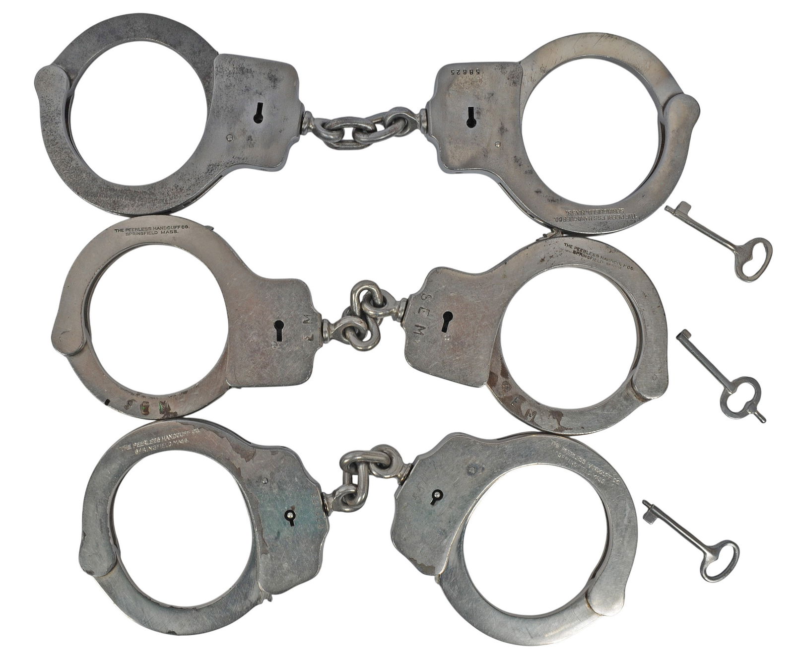 Vintage US Law Enforcement Peerless Manufactured Hand Cuffs with Keys Lot of 3 (O2S) (1 of 4)