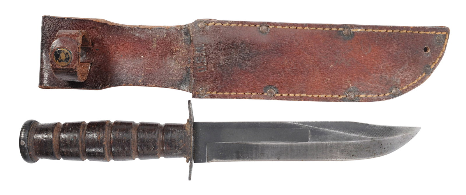 US Navy WWII issue MK-2 Fighting Knife (CAH): A _______ produced US Navy WWII issue MK-2 Fighting Knife in good + condition with a nice leather sheath. 