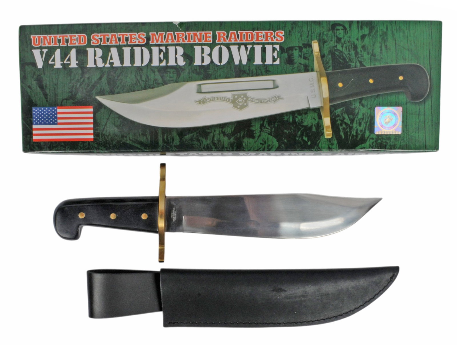 Aftermarket Commemorative Etched Marine Raider V44 Fighting Bowie Knife (CAH): An Aftermarket Commemorative Etched Marine Raider V44 Fighting Bowie Knife in very good condition with original packaging. 