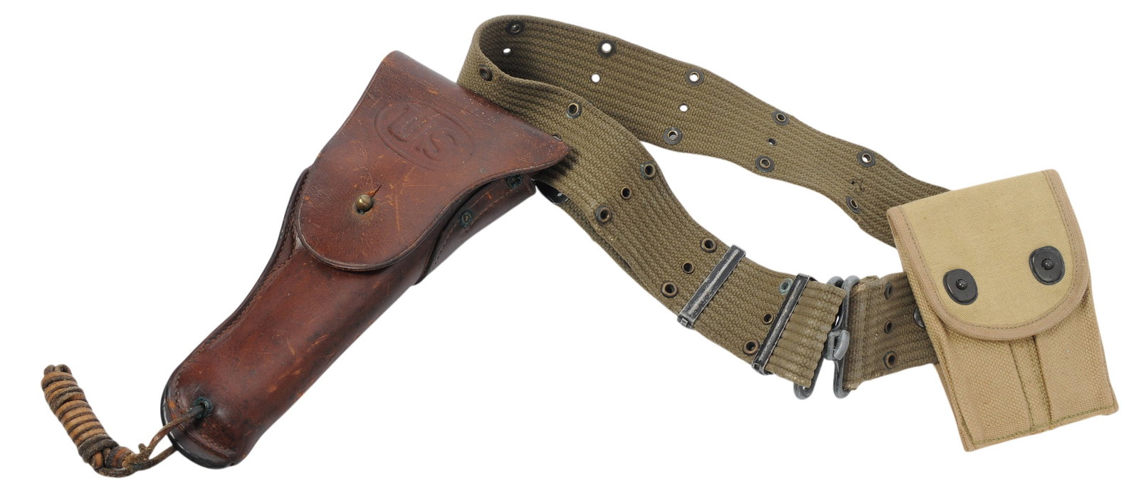 HOLSTER AND BELT (CAH): A US Military WWI 1917 and 18 Dated M1911 Holster, Mag Pouch, and Web Belt in good to very good condition with nice markings. The holster is made by Rock Island Arsenal, 1917 and the pouch is made by