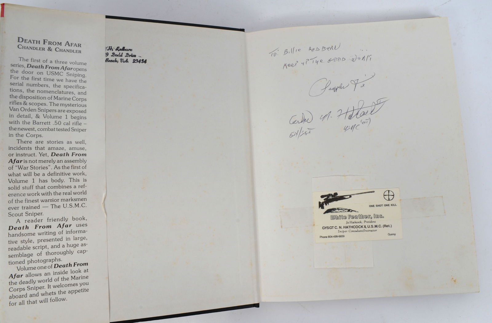 Signed by Carlos Hathcock"Death from Afar Volume I Maine Corp Sniping" by Chandler & Chandler (BCW) - 3