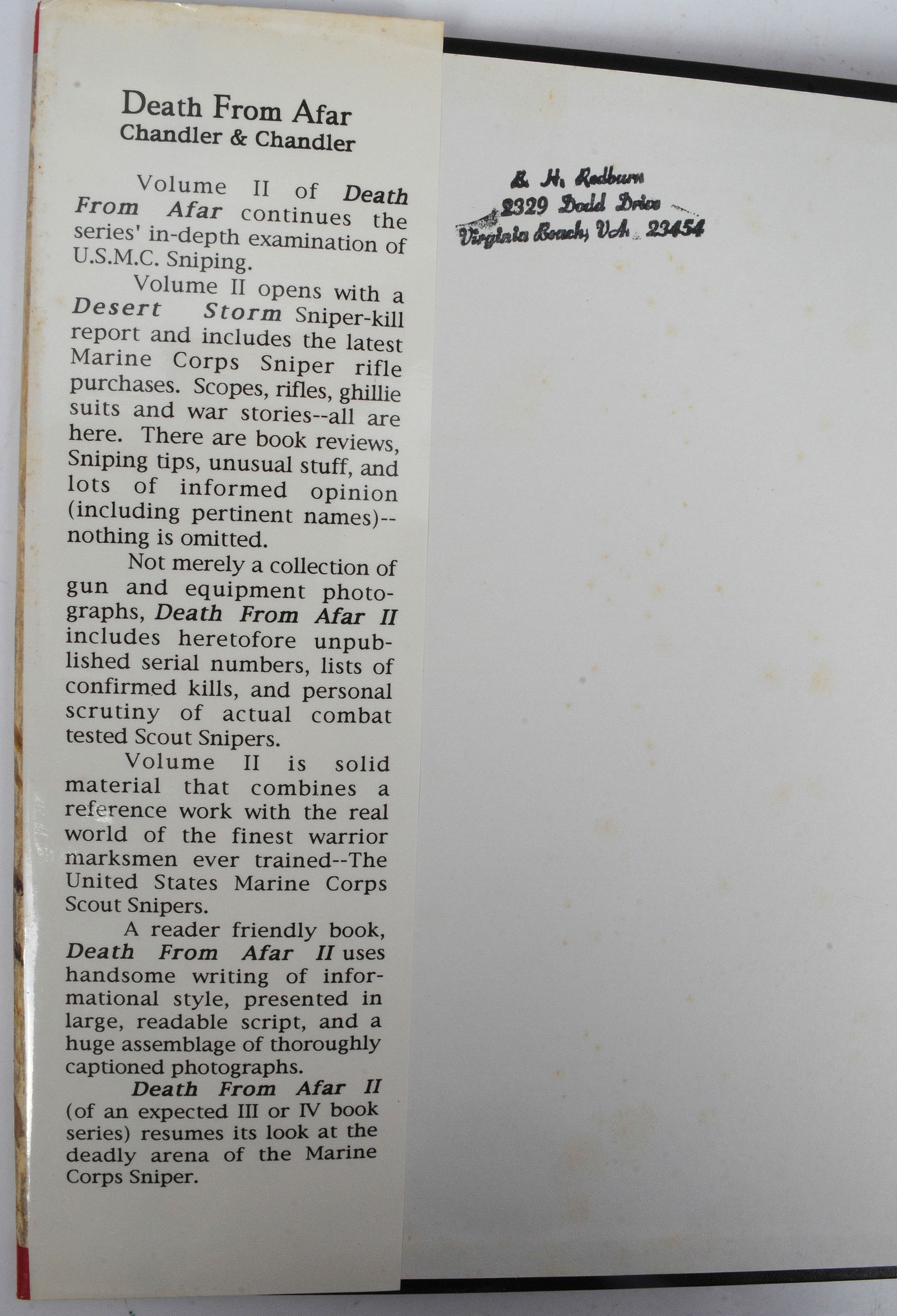 Signed by Carlos Hathcock"Death from Afar Volume II Maine Corp Sniping" by Chandler & Chandler (BCW) - 2