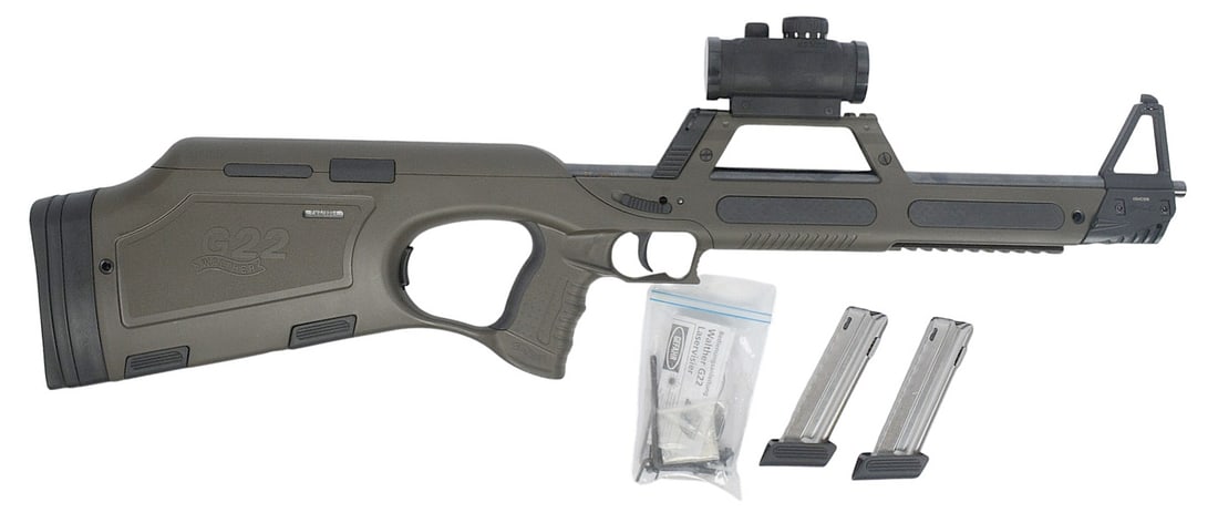 Walther G22 .22LR Semi-auto Bullpup Rifle FFL Required: PW019804 (JGD1): A Walther G22 .22LR Semi-auto Bullpup Rifle that is in very good condition with a bright and defined bore. The action appears to function properly, and the finish shows very light usage wear. Comes