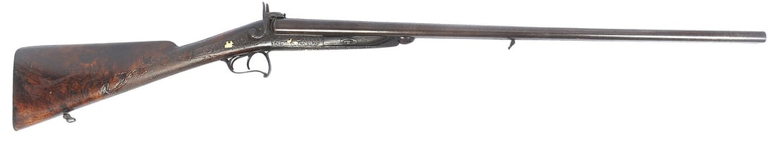 Ornate Belgian Pinfire 12 Gauge Double Barrel Shotgun No FFL Required (A1): An Ornate Belgian Pinfire 12 Gauge Double Barrel Shotgun that is in good condition with two dark bores that could use a good cleaning. The action appears to function properly, and the finish shows age