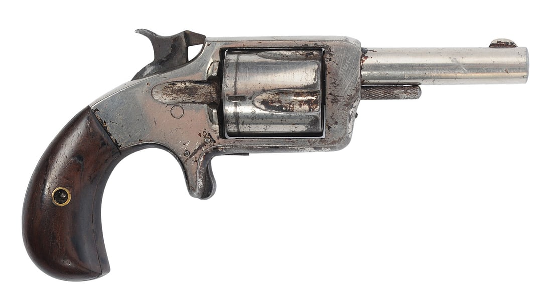 Hopkins & Allen Revolver "True Blue" .32 RF Single-Action Revolver - Antique (A1): A nickeled Hopkins & Allen Revolver "True Blue" .32 RF Single-Action Revolver in good condition with some finish loss. 