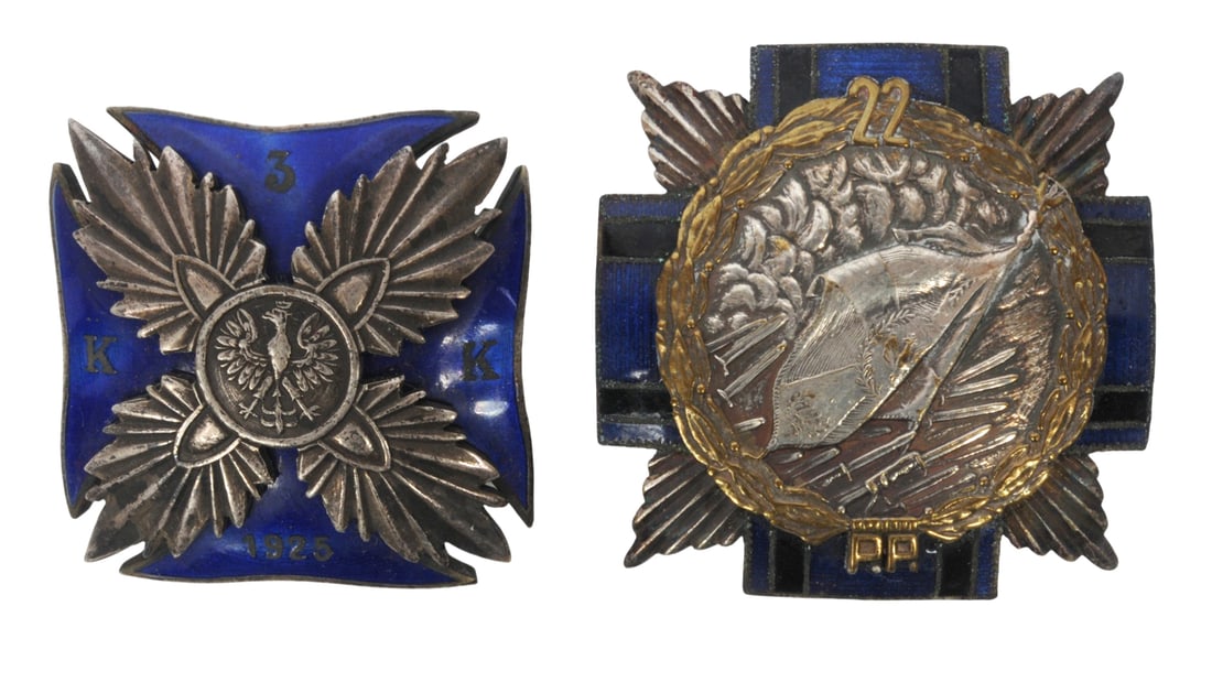 Two Polish Military Enameled Regimental Badges (A): Two high-quality Polish Military WWII to 1990s era Enameled Regimental Badges in very good condition.