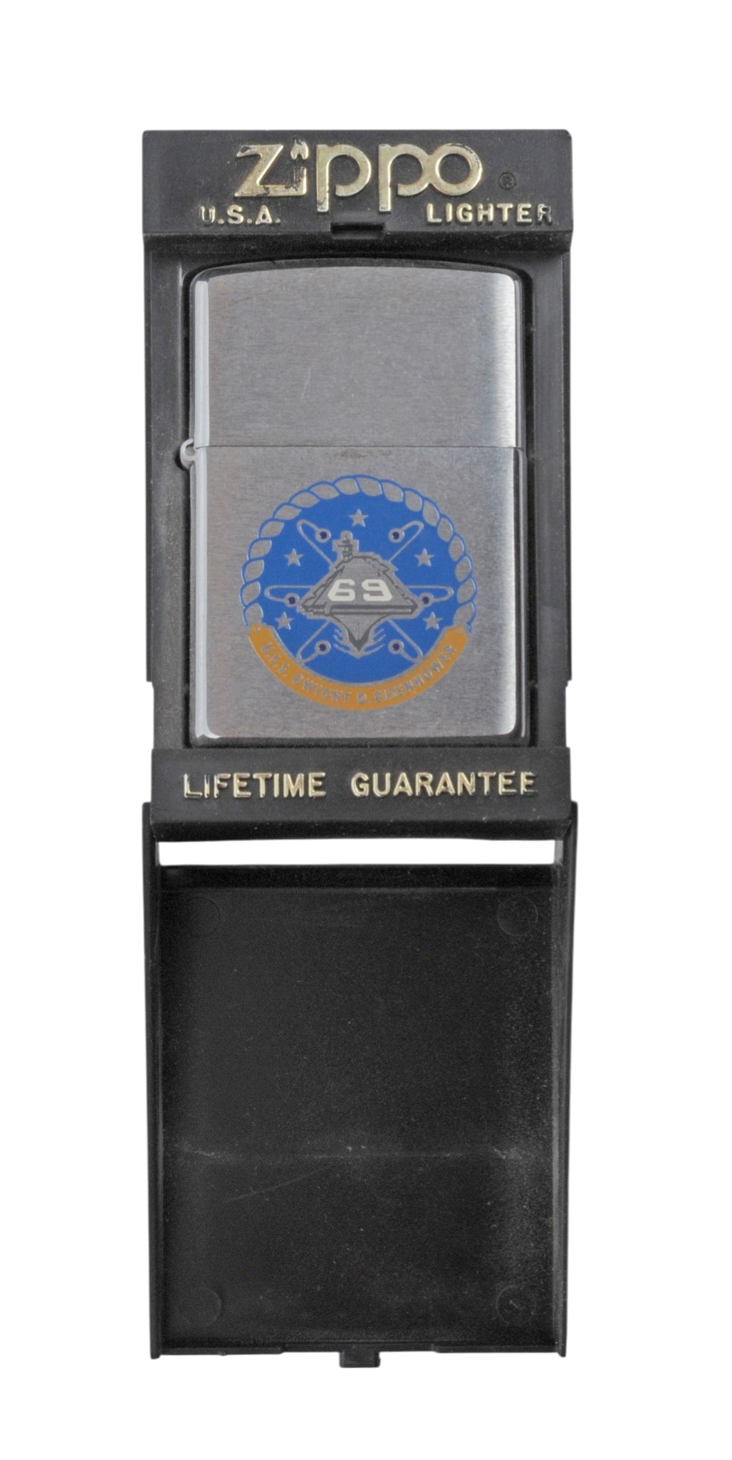 "USS Dwight D. Eisenhower" CVN-69 Aircraft Carrier Zippo Lighter (A): This "USS Dwight D. Eisenhower" CVN-69 Aircraft Carrier Zippo Lighter is in near new condition with the case. 