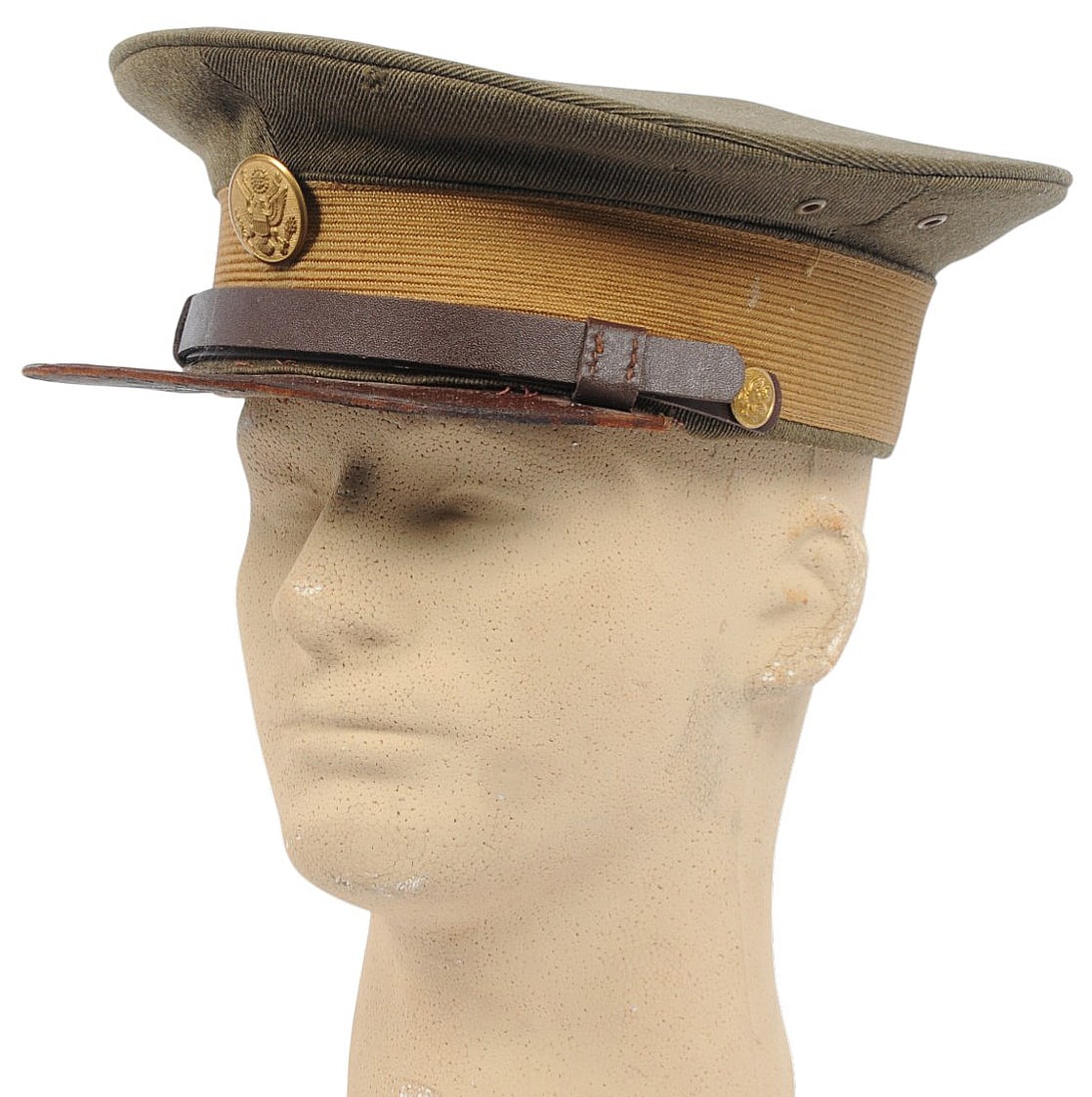 US Army 1920-1930s era Enlisted Visor Hat (A): A transitional US Army 1920-1930s era Enlisted Visor Hat in fair condition with a few moth nips and with a worn liner. 