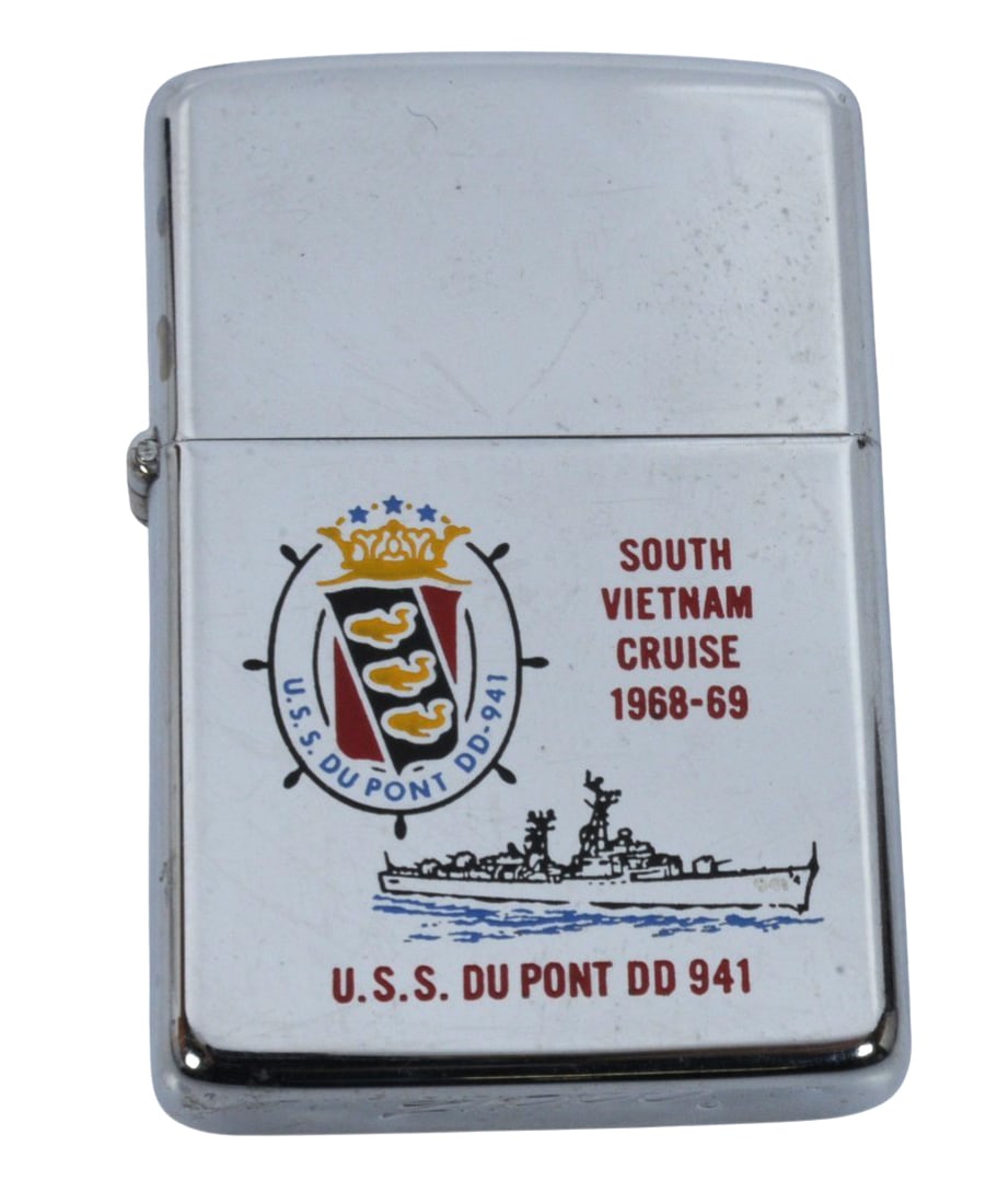 Vietnam War era US Navy "Tonkin Gulf" USS Du Pont (DD-941) Zippo Lighter (A): A scarce Vietnam War era US Navy "Tonkin Gulf" USS Du Pont (DD-941) Zippo Lighter in good to very good condition. USS Du Pont (DD-941), named for Rear Admiral Samuel Francis Du Pont USN and was a