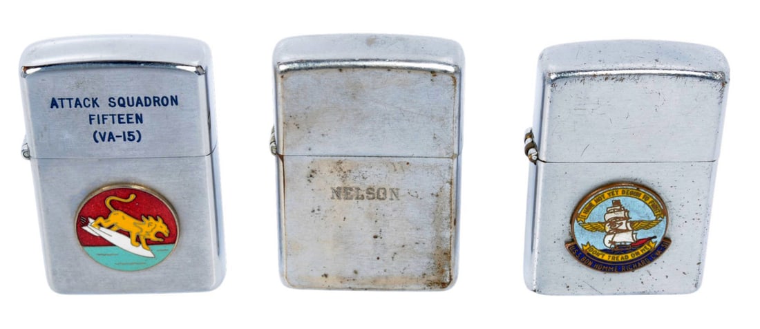 Three Early Collectable Navy Lighters (A): Three lighters include a Konwal Attack Squadron 15 (VA-15), nicknamed the Valions, was an aviation unit of the United States Navy and serviced from 1942 till 1969. A Marksman USS Bon Homme Richard