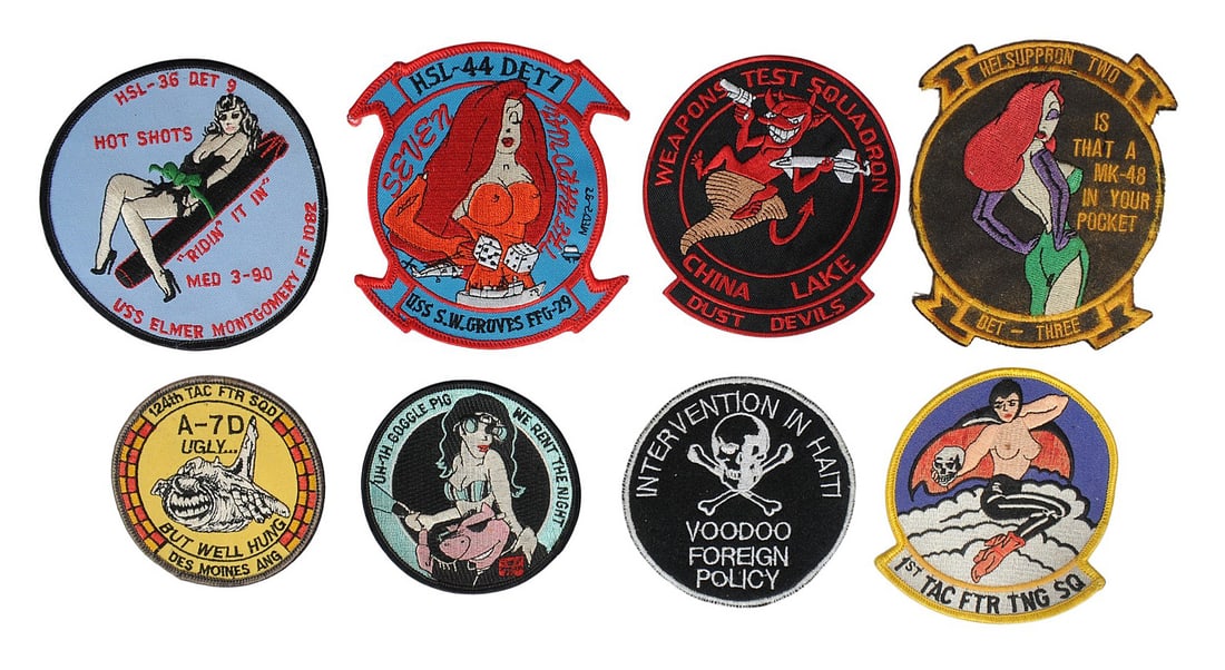 Eight US Navy/USAF 1980-90s era "Politically Incorrect" Novelty Squadron Patches (A): Eight US Navy/USAF 1980-90s era "Politically Incorrect" Novelty Squadron Patches in good condition, but with some fading. These would NOT be allowed on military uniforms today! 