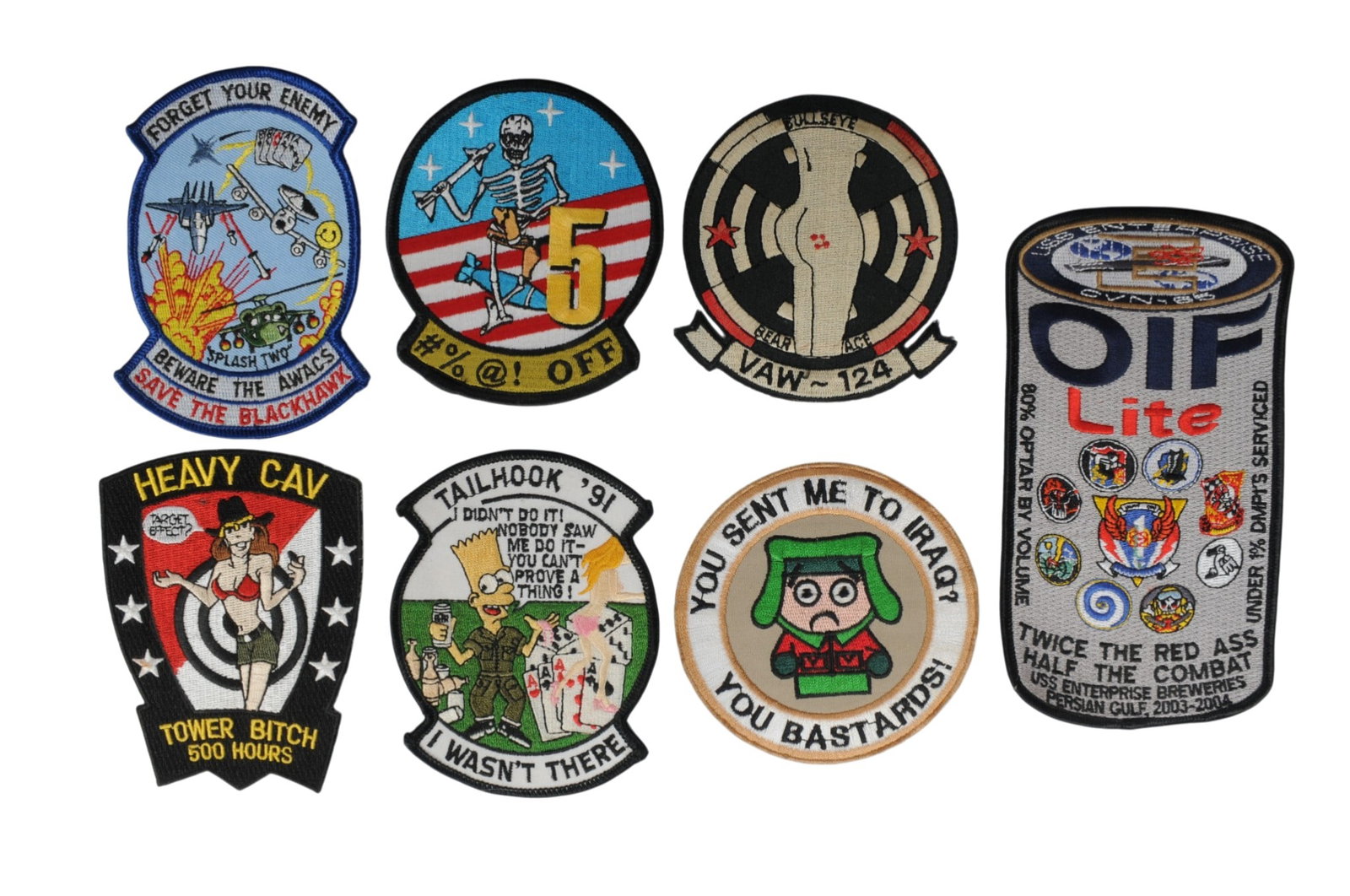 Seven US Navy/US Army 1980-90s era "Politically Incorrect" Novelty Squadron Patches (A): Seven US Navy/US Army 1980-90s era "Politically Incorrect" Novelty Squadron Patches in good condition, but with some fading. These would NOT be allowed on military uniforms today!