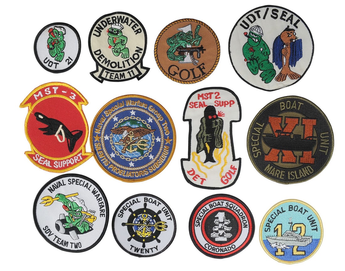 Twelve US Navy 1980-90s era SEAL TEAM/SpecOps Patches (A): Twelve US Navy 1980-90s era SEAL TEAM/SpecOps Patches in good condition, but with some fading. 