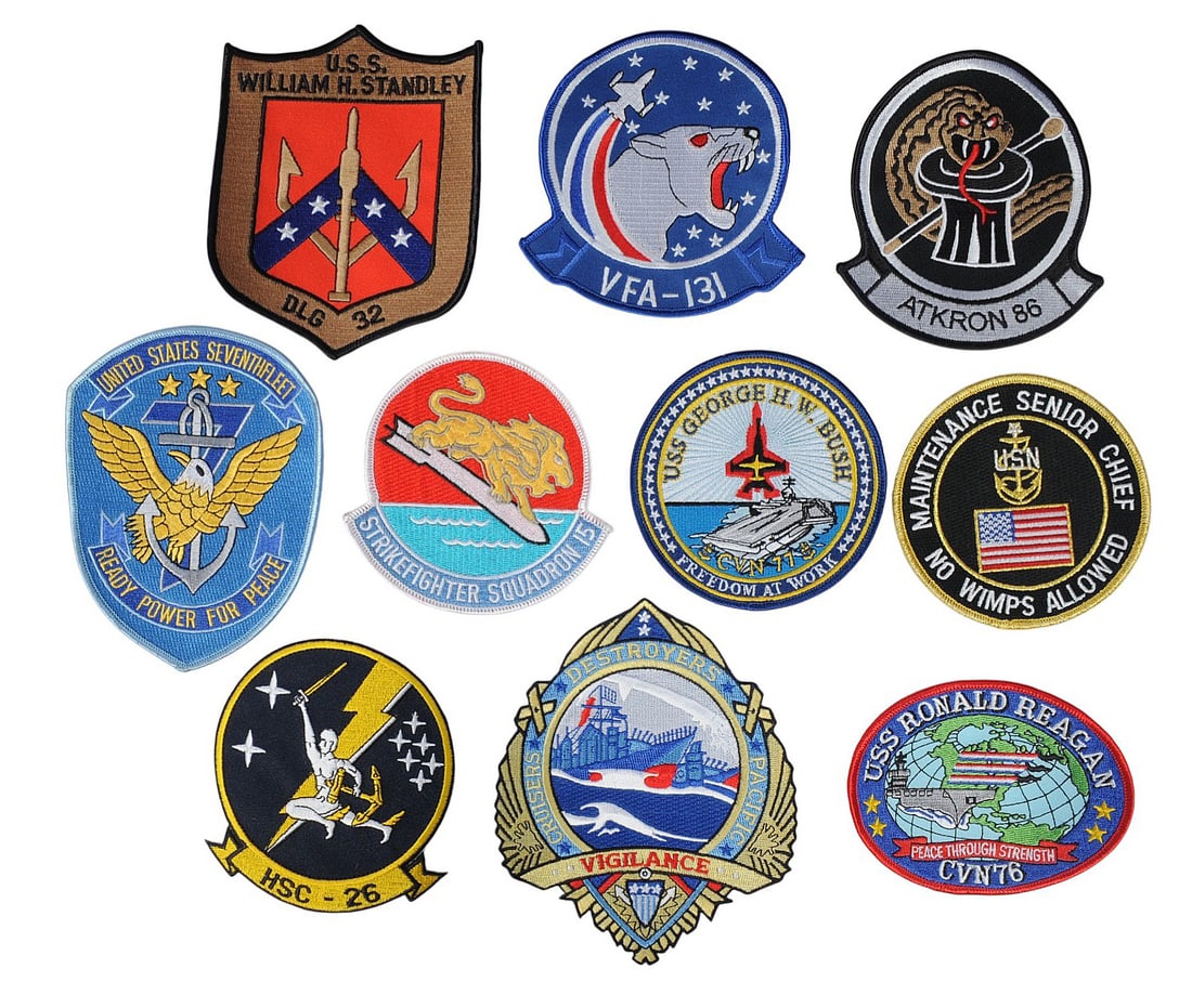 Ten US Navy 1980-90s era Ship and Squadron Patches (A): Ten US Navy 1980-90s era Ship and Squadron Patches in good condition, but with some fading. 