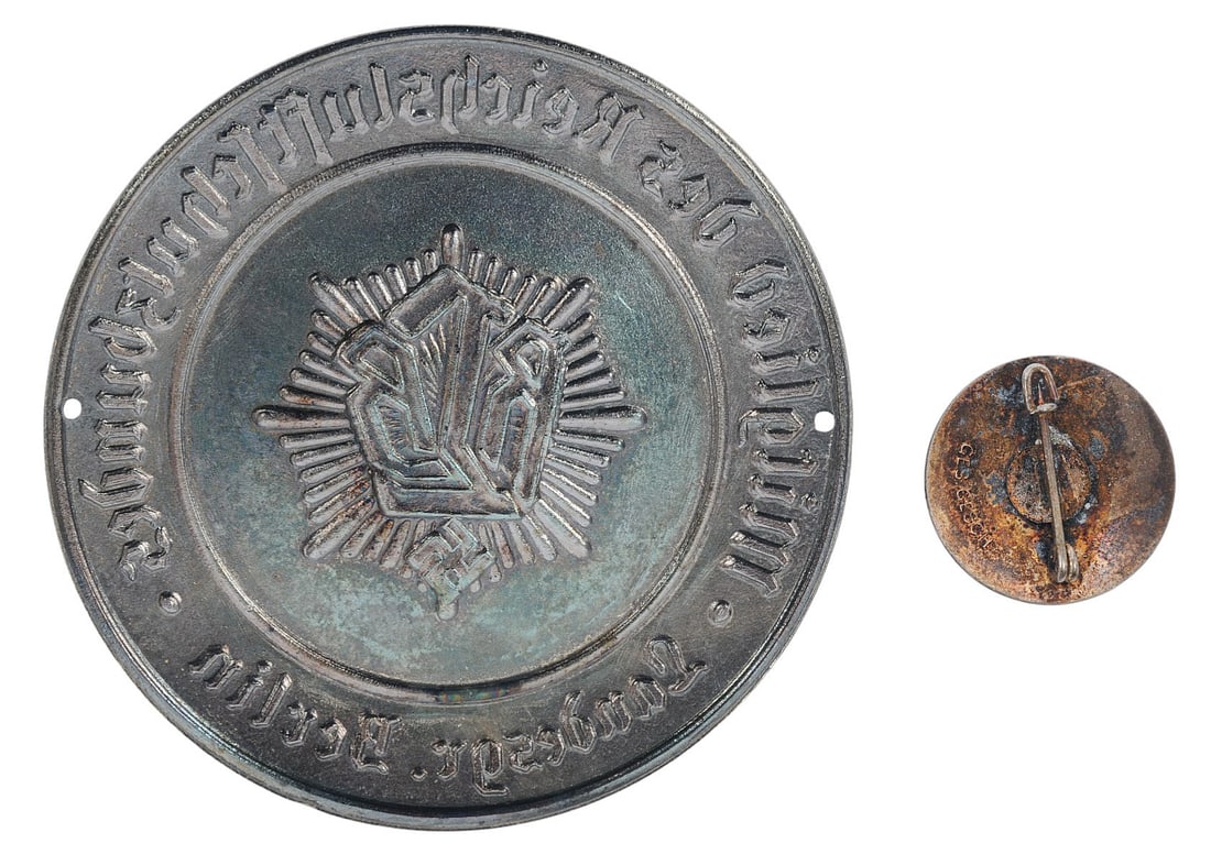 *German WW2 Reichsluftschutzbund RLB Members Door Plaque & RLB Pin (CWA) - 2