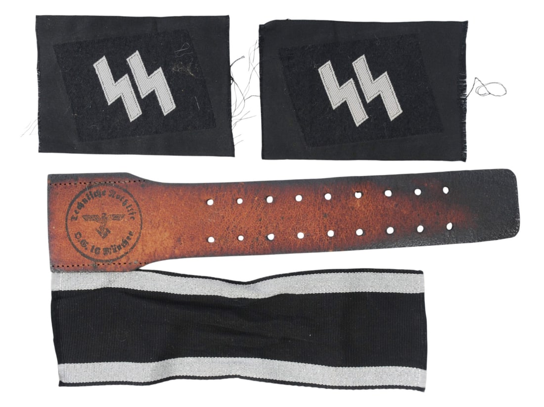 German Military WWI-II era Group Lot (A): A German Military WWI-II era Group Lot including SS tabs, a belt buckle keeper a Knights Cross ribbon. 