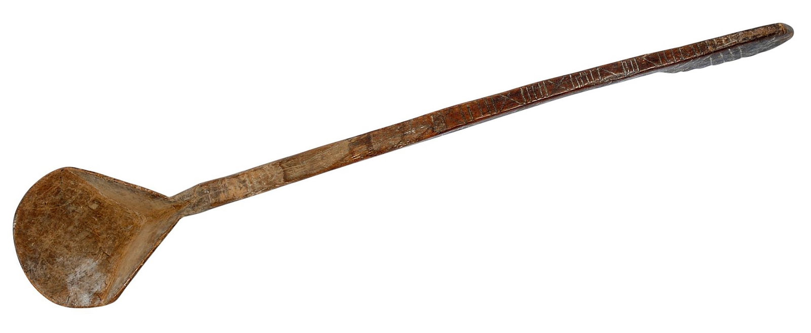 Antique African tribal Hand-Carved Wooden Ladle (A): An Antique African tribal Hand-Carved Wooden Ladle in fair to good condition measuring __" long.