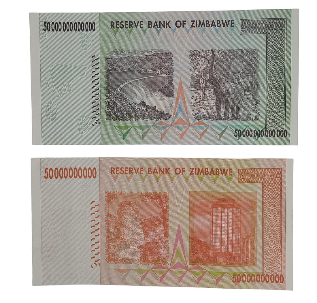 Zimbabwe Inflation Currency, 50 Trillion Dollar Note and 50 Billion Dollar Note (A) - 2