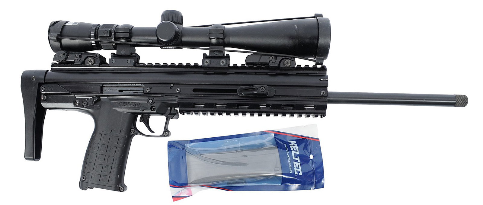 Kel-Tec CMR-30 22 WMR Semi Auto Rifle FFL YOU18(XFS1): A Kel-Tec CMR-30 22 WMR Semi Auto Rifle in good to very good condition with a bright and defined bore. The action appears to function properly with minor wear to the original finish and sports a