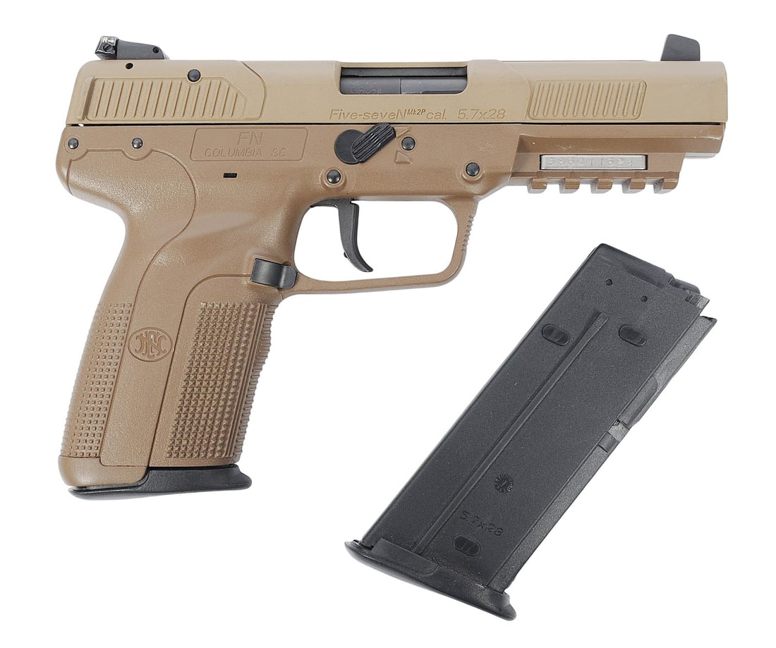FN Five Seven FDE 5.7x28mm Semi Auto Pistol FFL 386411624(DMW1): An FN Five Seven FDE 5.7x28mm Semi Auto Pistol in good to very good condition with a bright and defined bore that needs light cleaning. The action appears to fucntion properly with minor wear to the