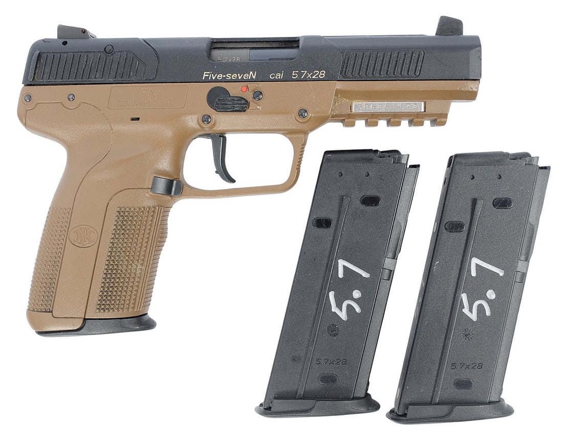 FN Five Seven 2 Tone FDE 5.7x28mm Semi Auto Pistol FFL 386351172 (JGD1): An FN Five Seven 2 Tone FDE 5.7x28mm Semi Auto Pistol in good to very good condition with a bright and defined bore that needs light cleaning. The action appears to function properly with minor wear t