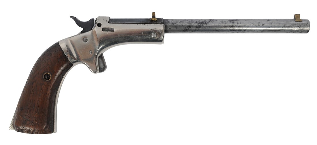 J.Stevens Model 41 .22LR Break-action Pistol FFL Required: NSN (B3W1): A J.Stevens Model 41 .22LR Break-action Pistol that is in fair to good condition with a bright and defined bore. The action appears to function properly, and the finish shows mild wear mostly on the