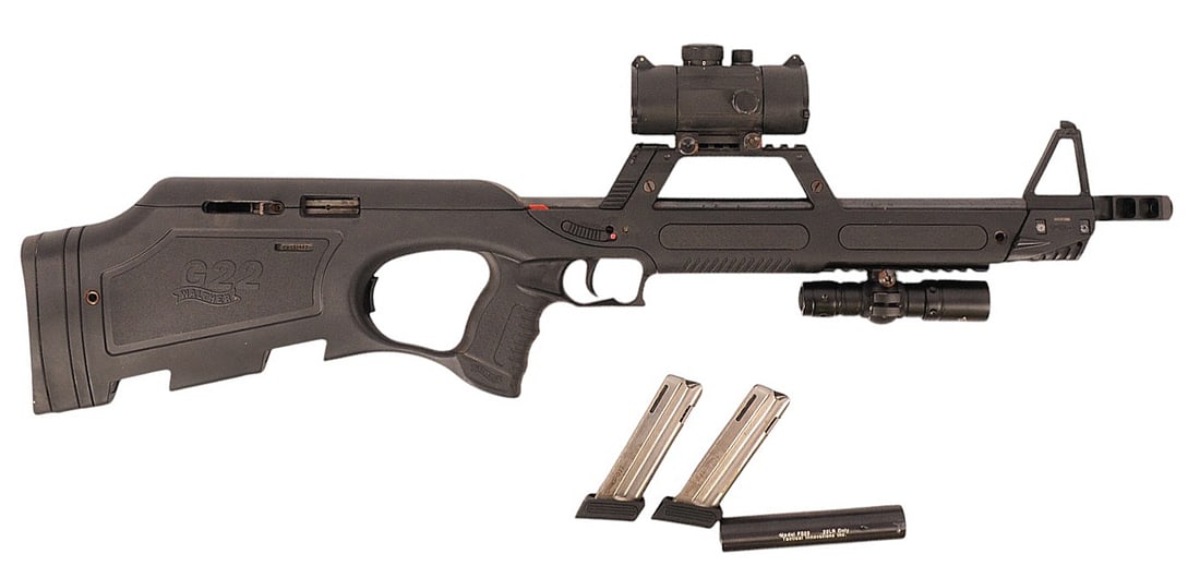 Walther G22 .22LR Semi-auto Bullpup Rifle FFL Required: PW002862 (DMW1): A Walther G22 .22LR Semi-auto Bullpup Rifle that is in good condition with a bright and defined bore but needs light cleaning. The action appears to function properly, and the finish shows very light
