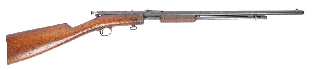 Stevens Gallery No.80 .22LR Pump-action Rifle FFL Required: 21288 (B3W1): A Stevens Gallery No.80 .22LR Pump-action Rifle that is in fair to good condition with a bright and defined bore. The action appears to function properly, and the finish shows mild wear with